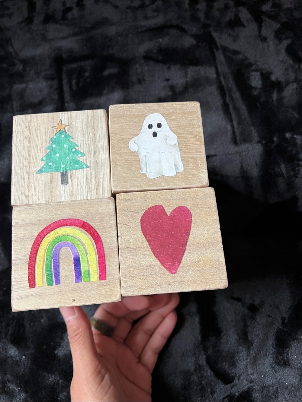 Rae Dunn Wooden Block Set with Green Tree, White Ghost, Red Heart & Rainbow